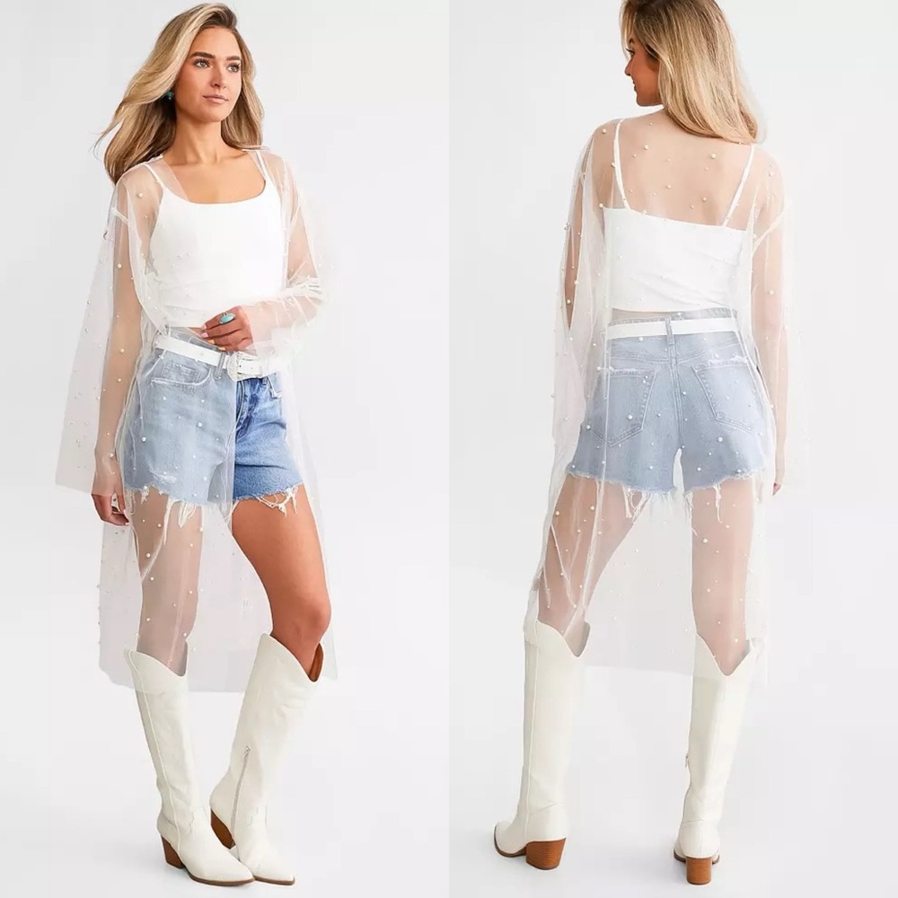 Faux Pearl Mesh Duster Cardigan